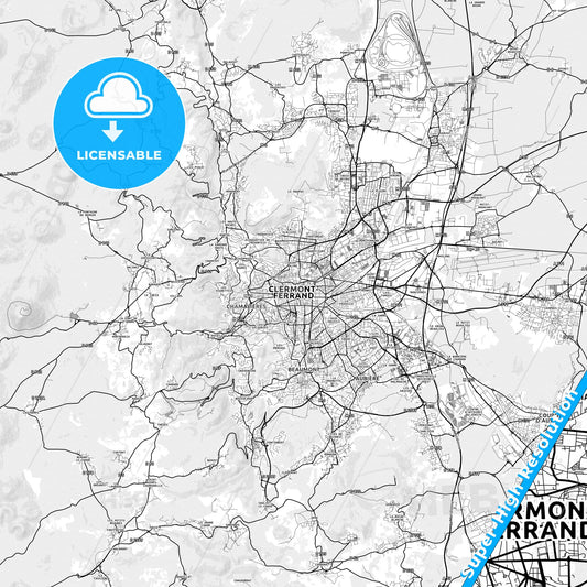 Clermont-Ferrand, France light map with streetnames, citynames and districts