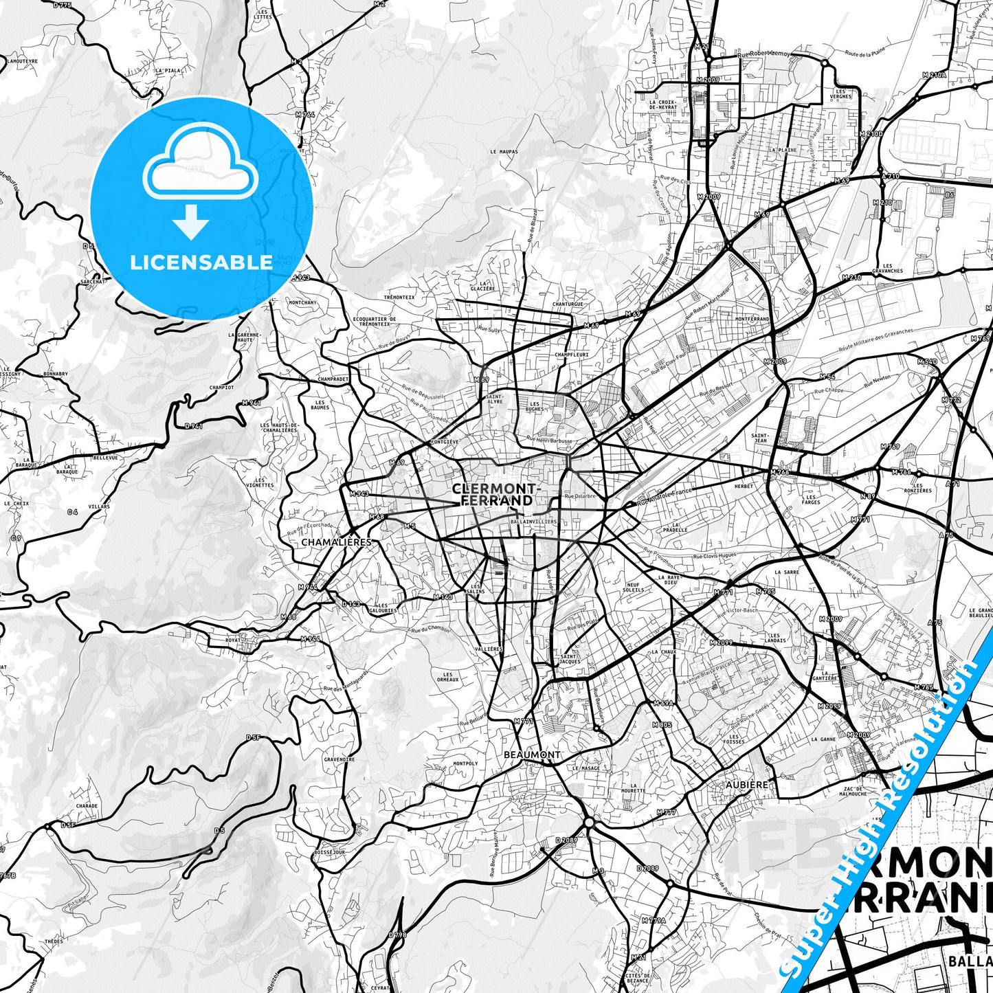 Clermont-Ferrand, France Light Map with Street Names, City Names, and Districts