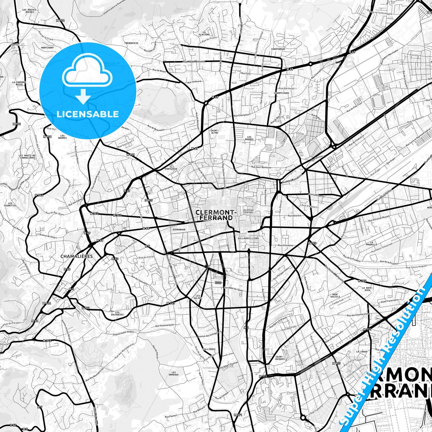 Clermont-Ferrand, France Light Map with Street Names, City Names, and Districts