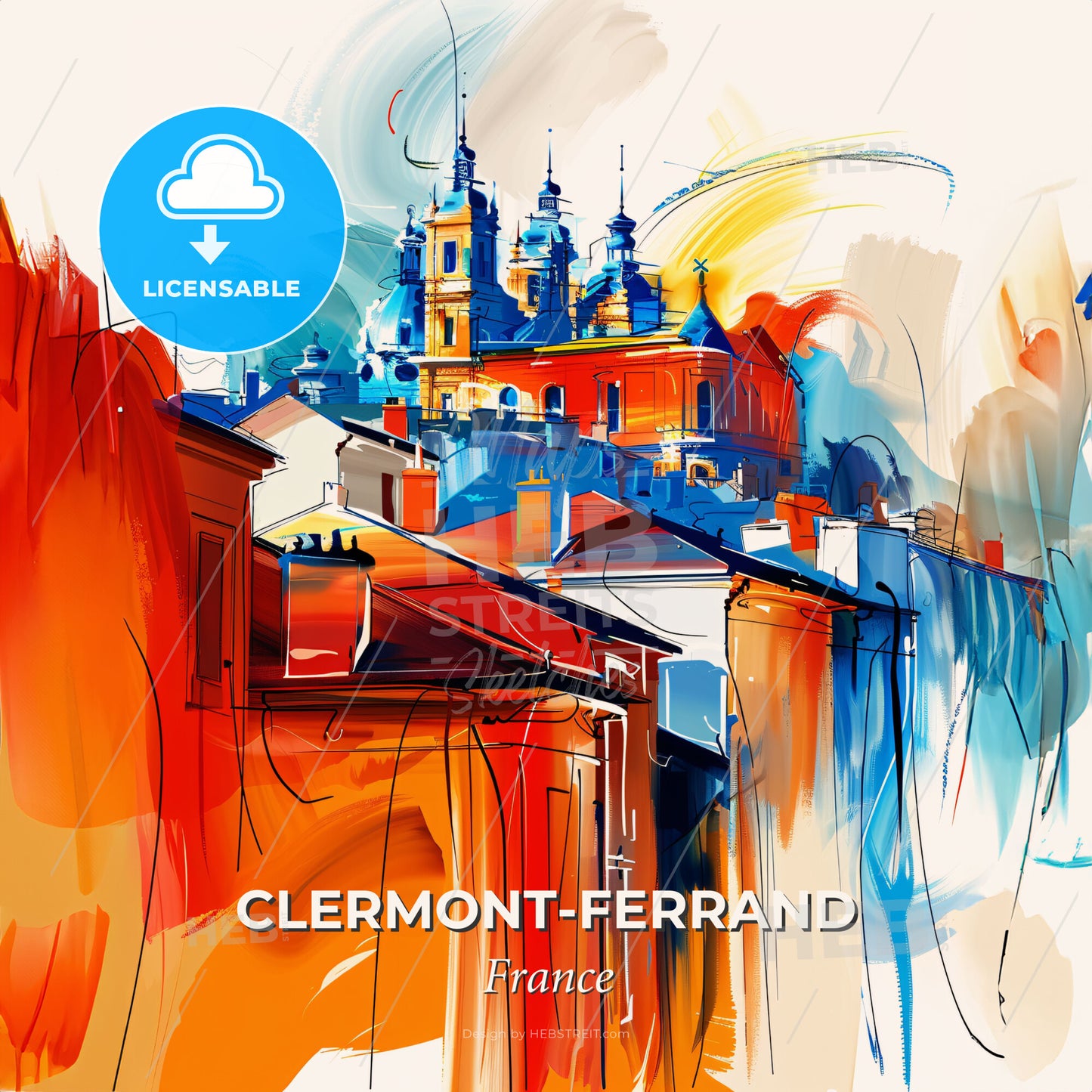 Vibrant Clermont-Ferrand, France - A Painting Of A Building With Towers - Square format print template