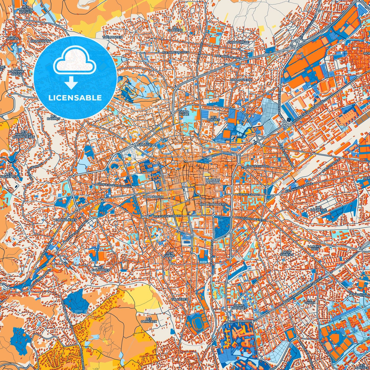 Colorful Clermont-Ferrand Street Map with Labels and Buildings