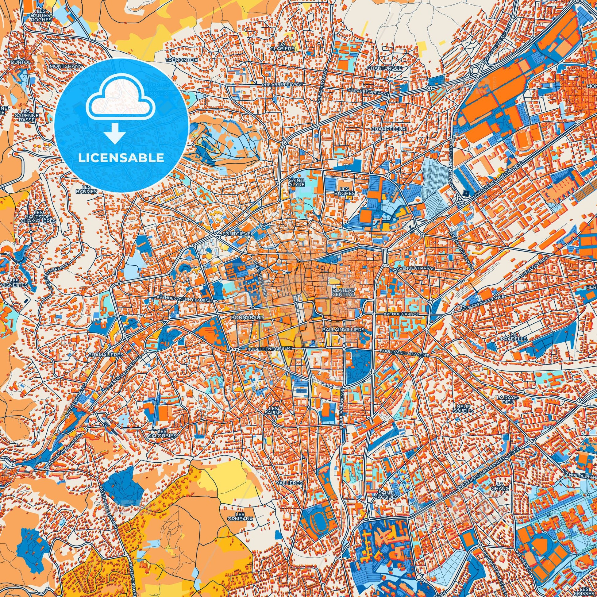 Colorful Clermont-Ferrand Street Map with Labels and Buildings