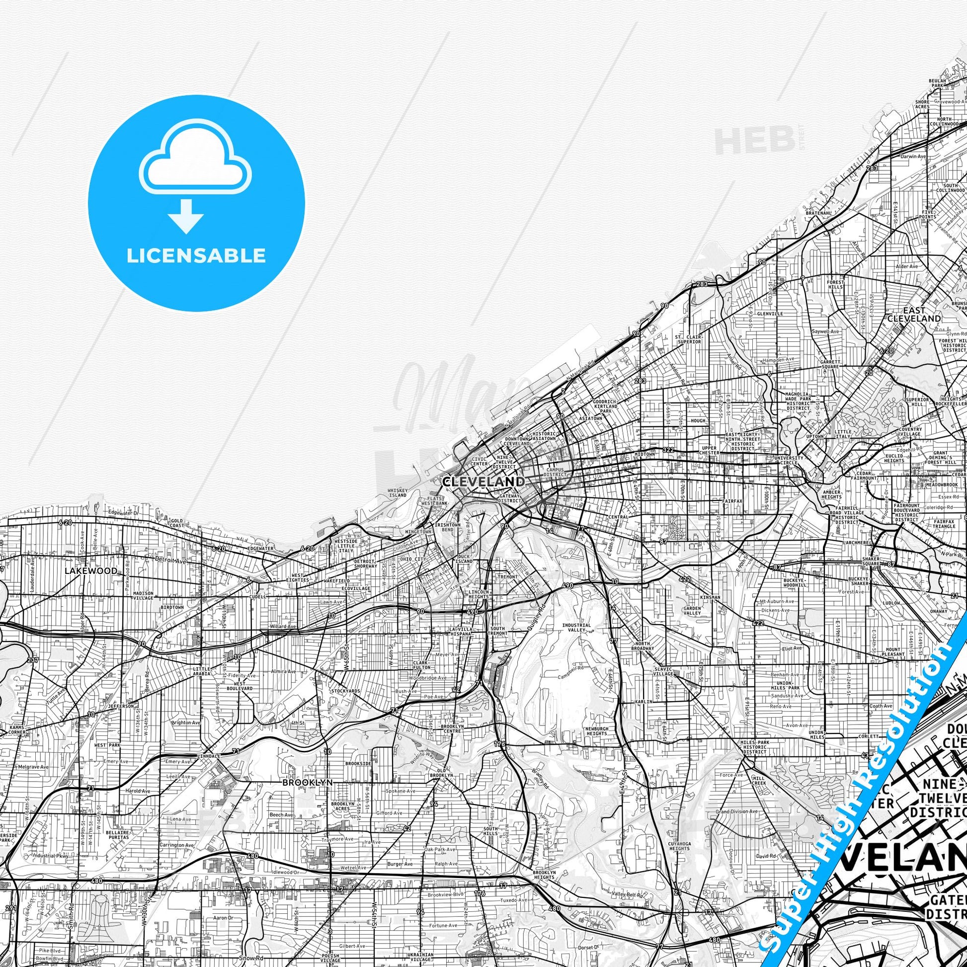 Cleveland, Ohio light map with streetnames, citynames and districts