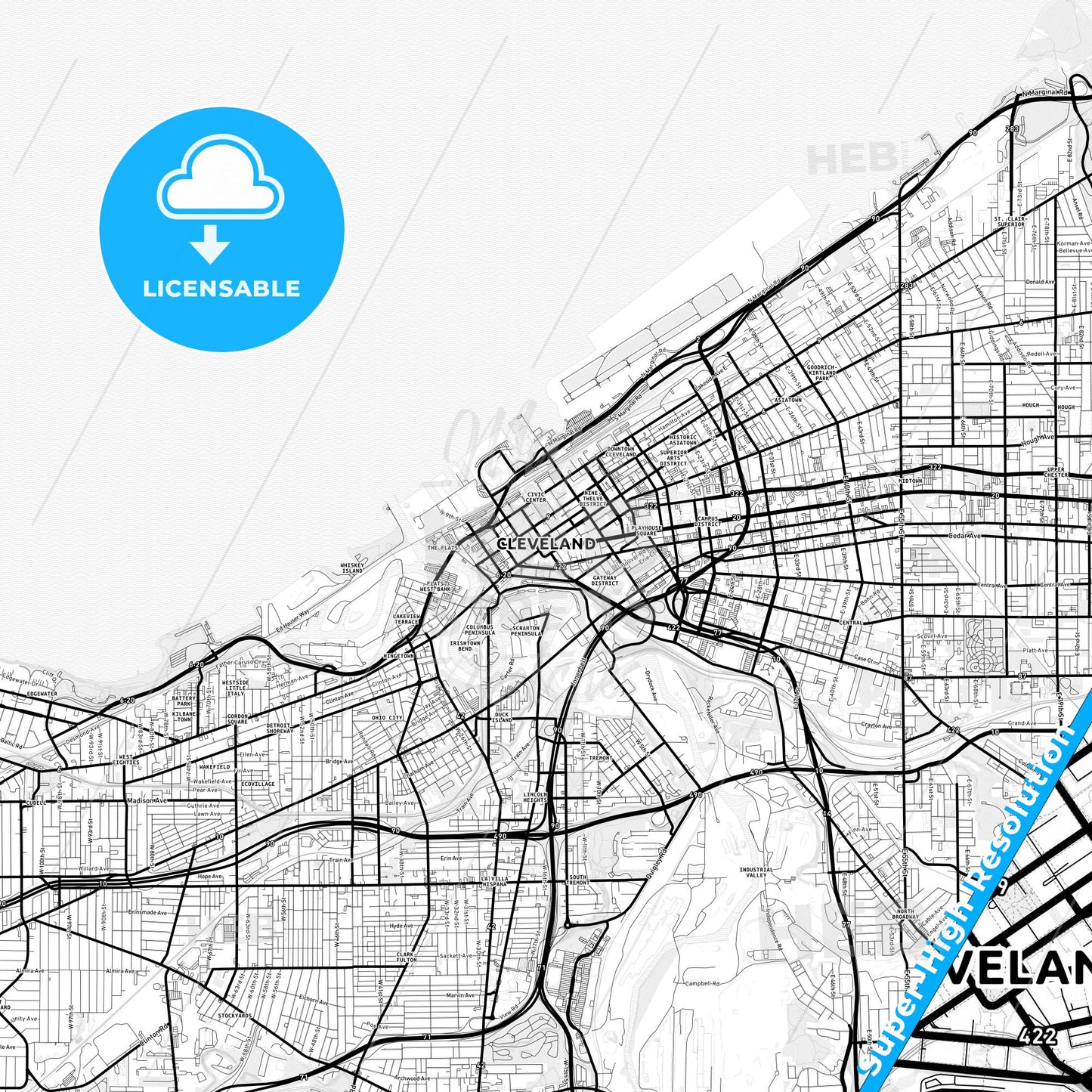 Cleveland, Ohio Light Map with Street Names, City Names, and Districts