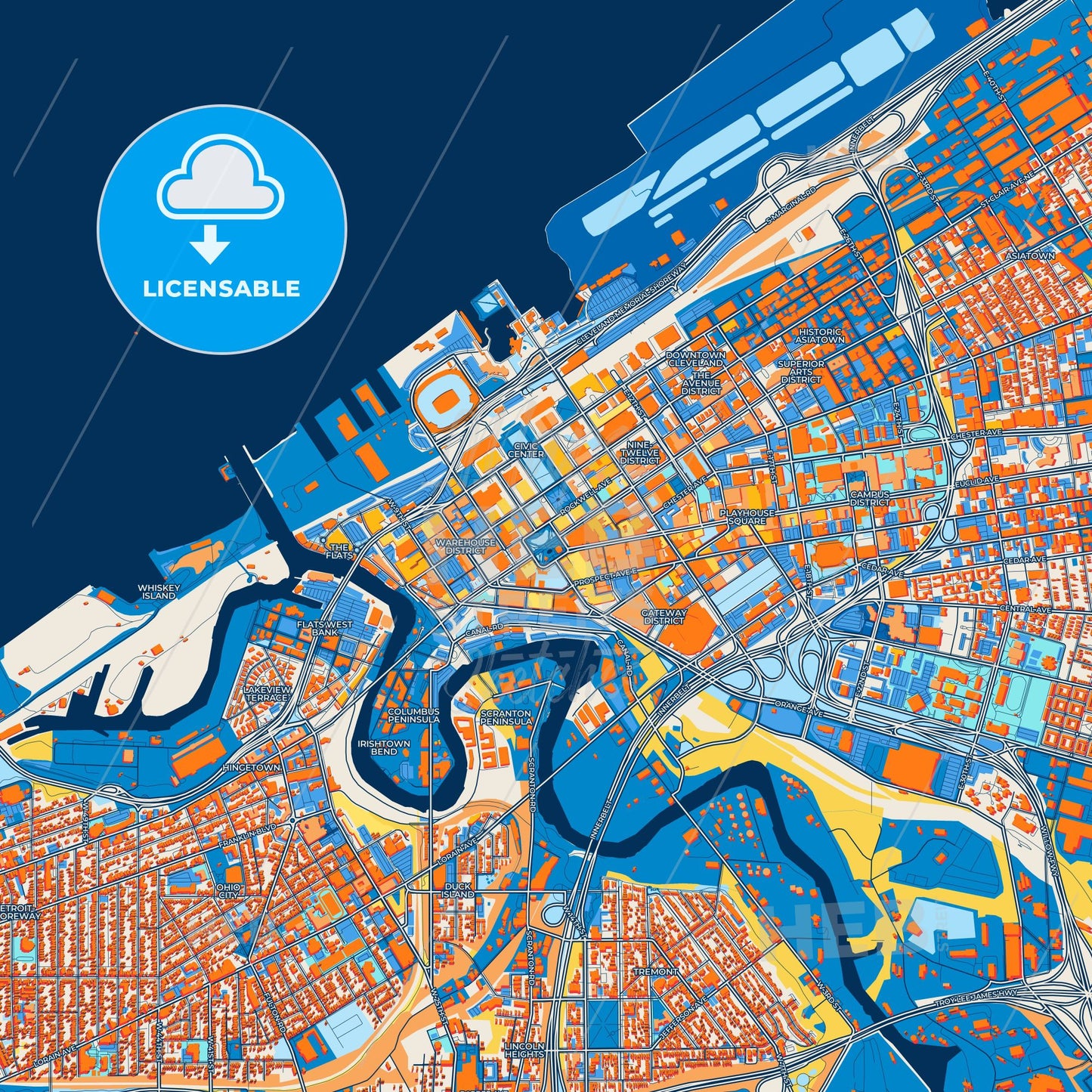 Colorful Cleveland Street Map with Labels and Buildings