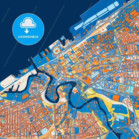 Colorful Cleveland Street Map with Labels and Buildings