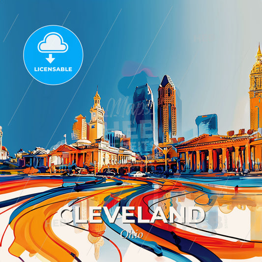 Vibrant Cleveland, Ohio - A Painting Of A Skyline With A Colorful Building - Square format print template