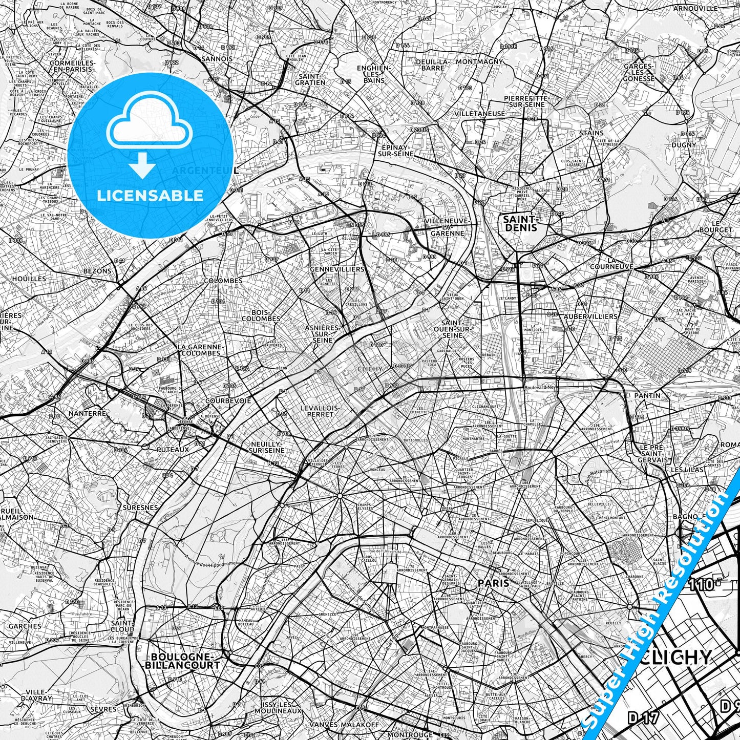 Clichy, France light map with streetnames, citynames and districts