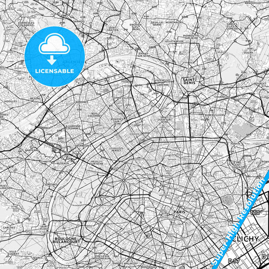 Clichy, France light map with streetnames, citynames and districts