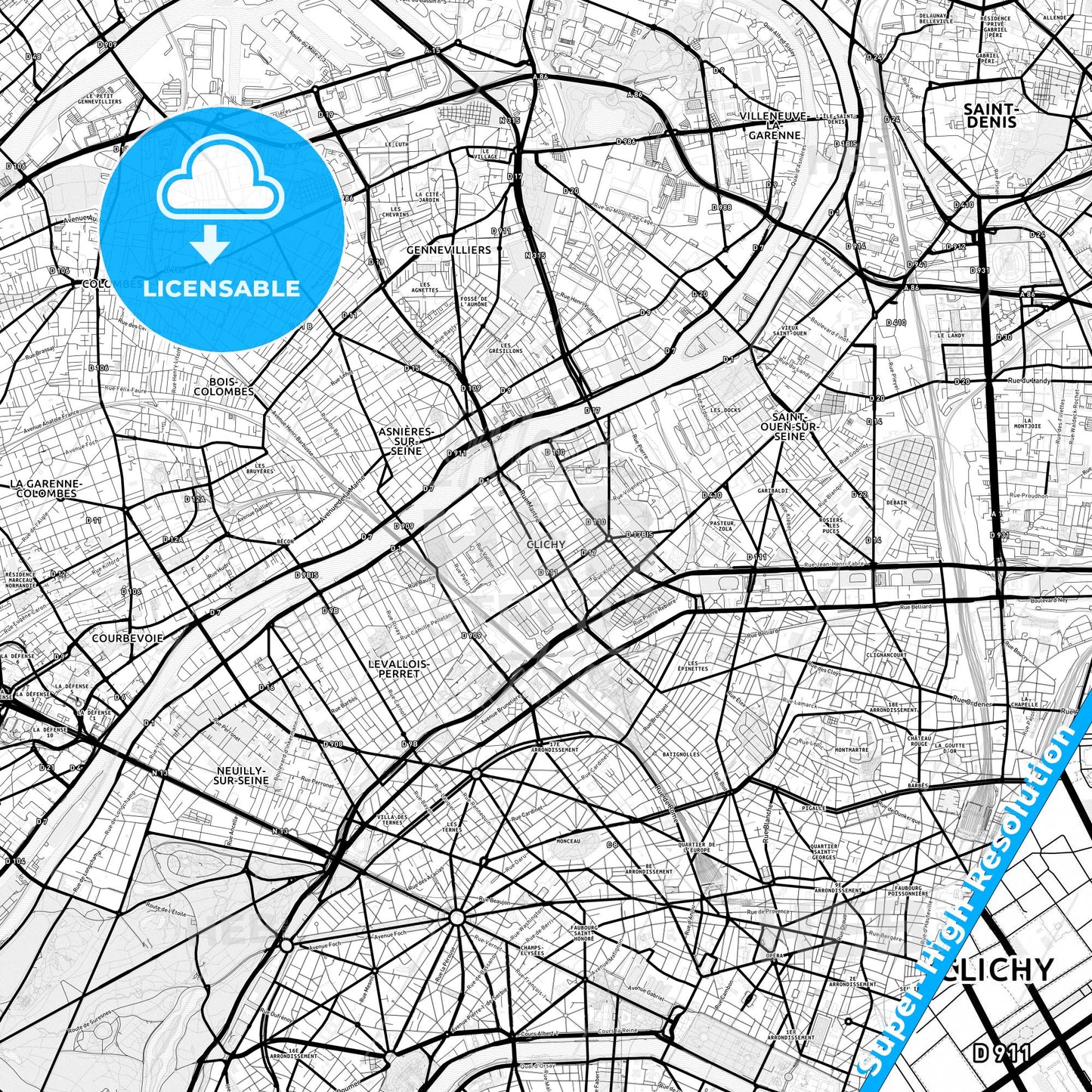 Clichy, France Light Map with Street Names, City Names, and Districts