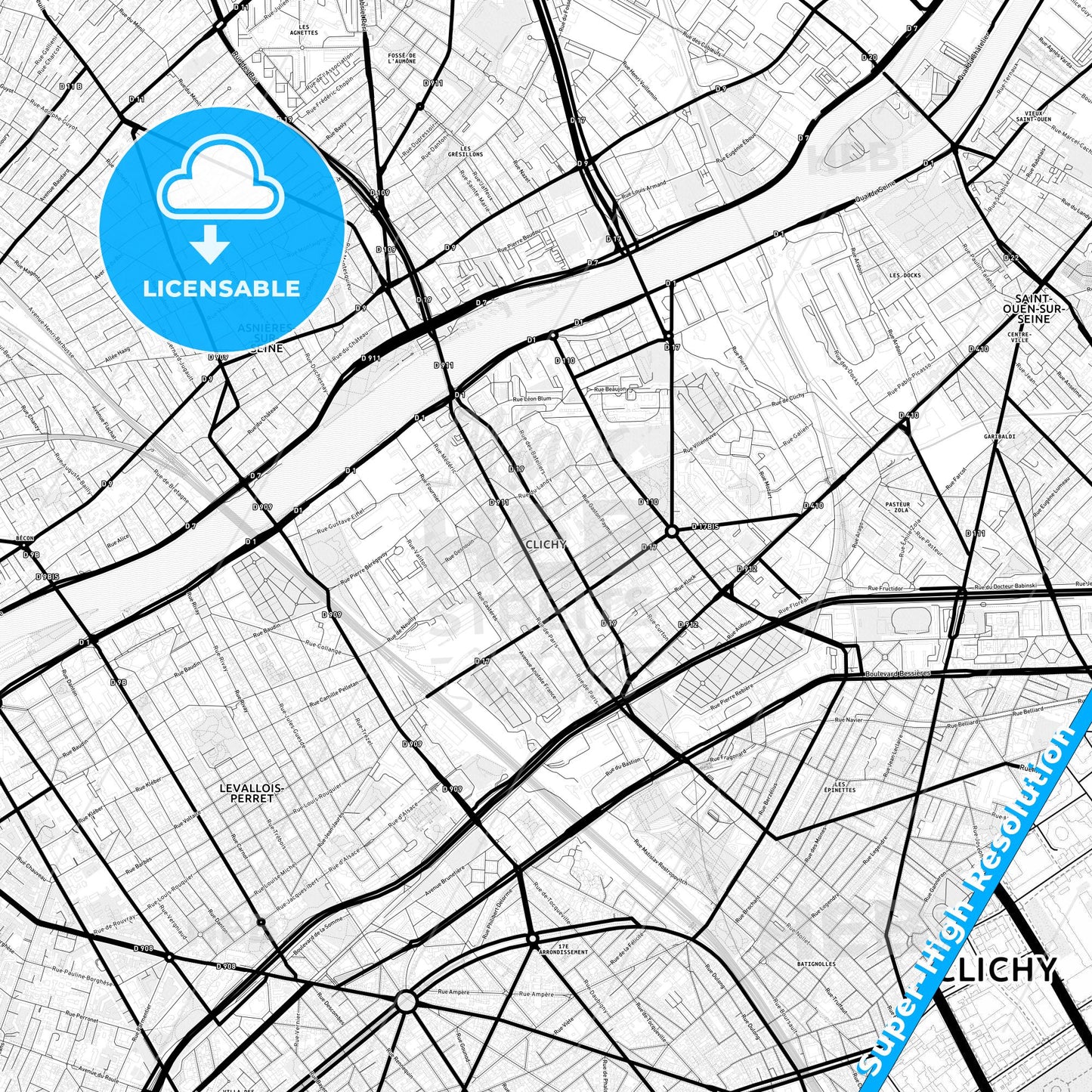 Clichy, France Light Map with Street Names, City Names, and Districts