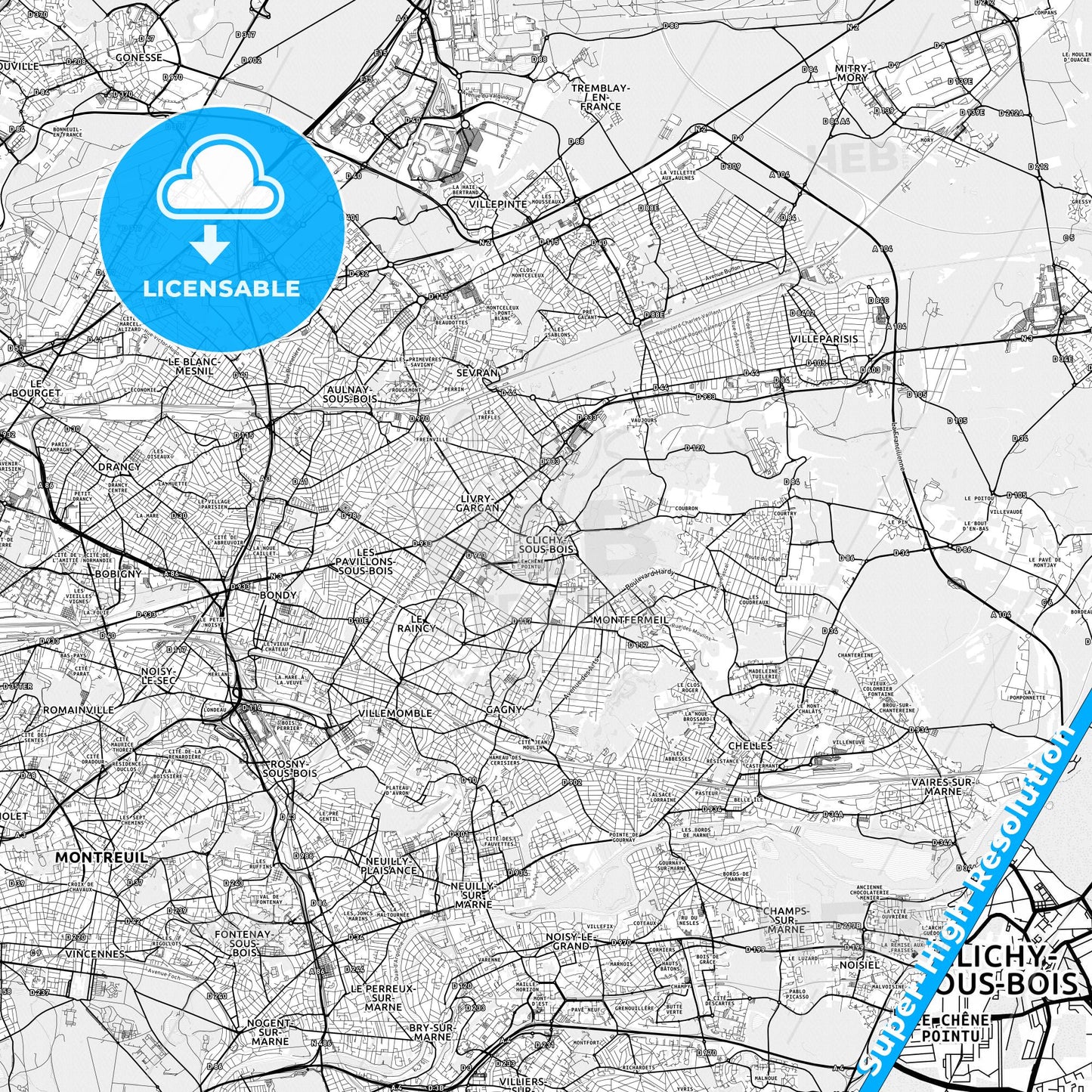 Clichy-sous-Bois, France light map with streetnames, citynames and districts