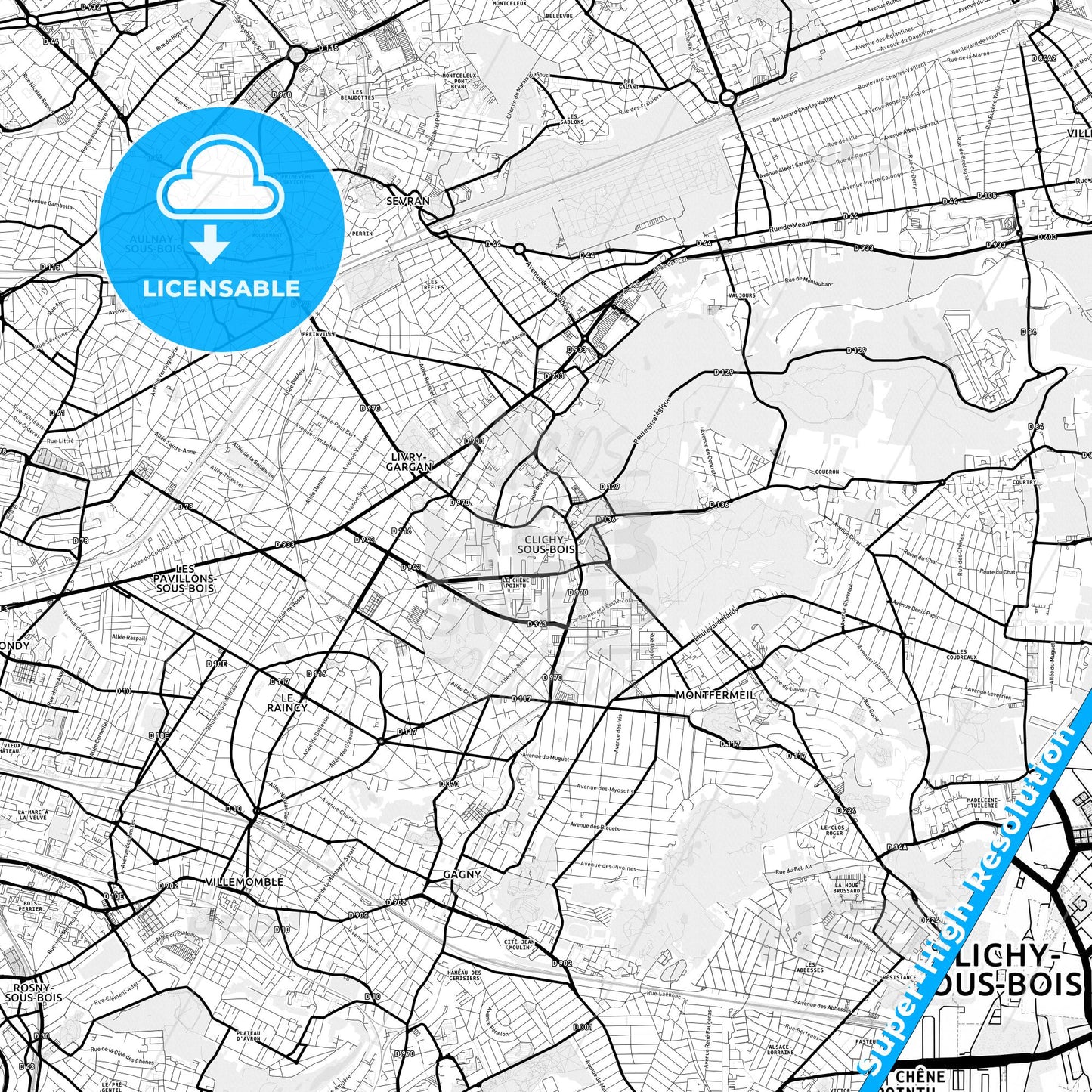 Clichy-sous-Bois, France Light Map with Street Names, City Names, and Districts