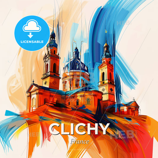 Vibrant Clichy, France - A Painting Of A Building With Towers And A Blue And Orange Background - Square format print template