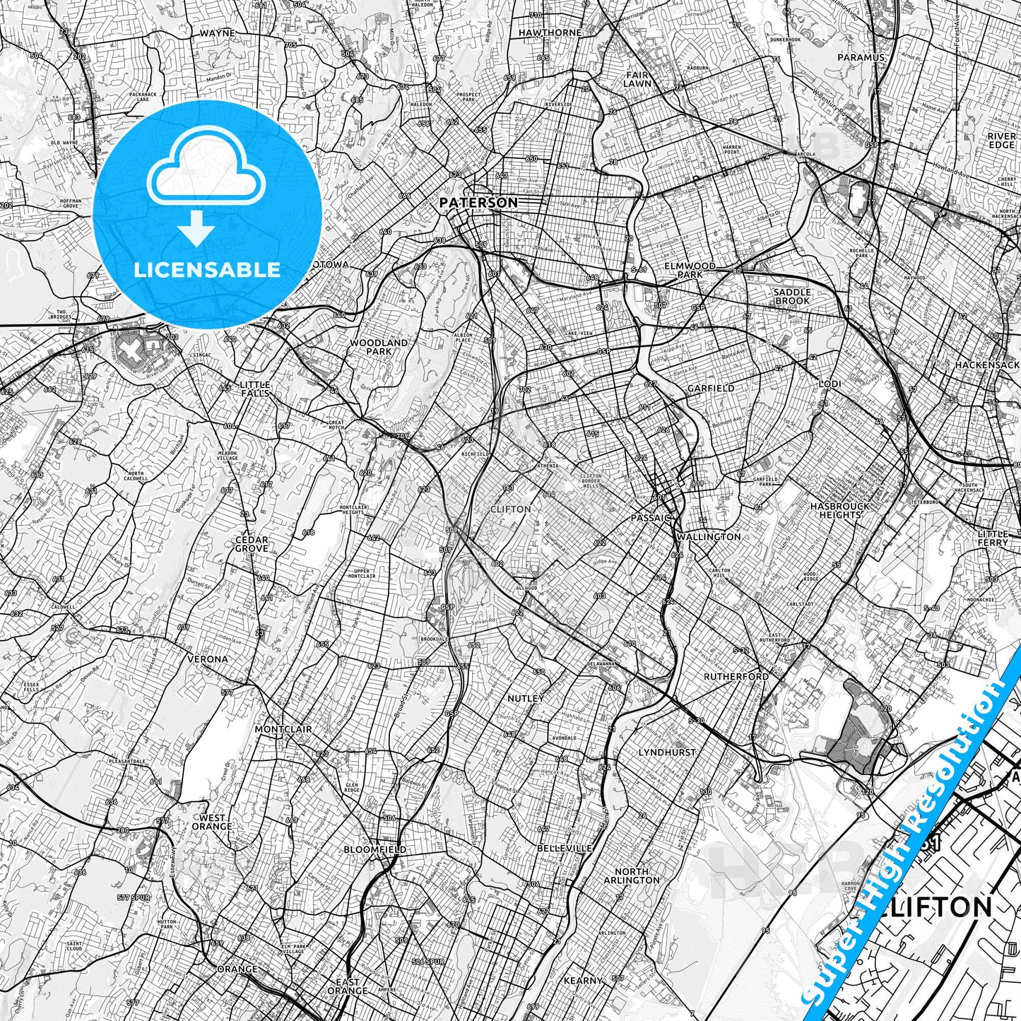 Clifton, New Jersey light map with streetnames, citynames and districts