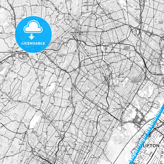 Clifton, New Jersey light map with streetnames, citynames and districts