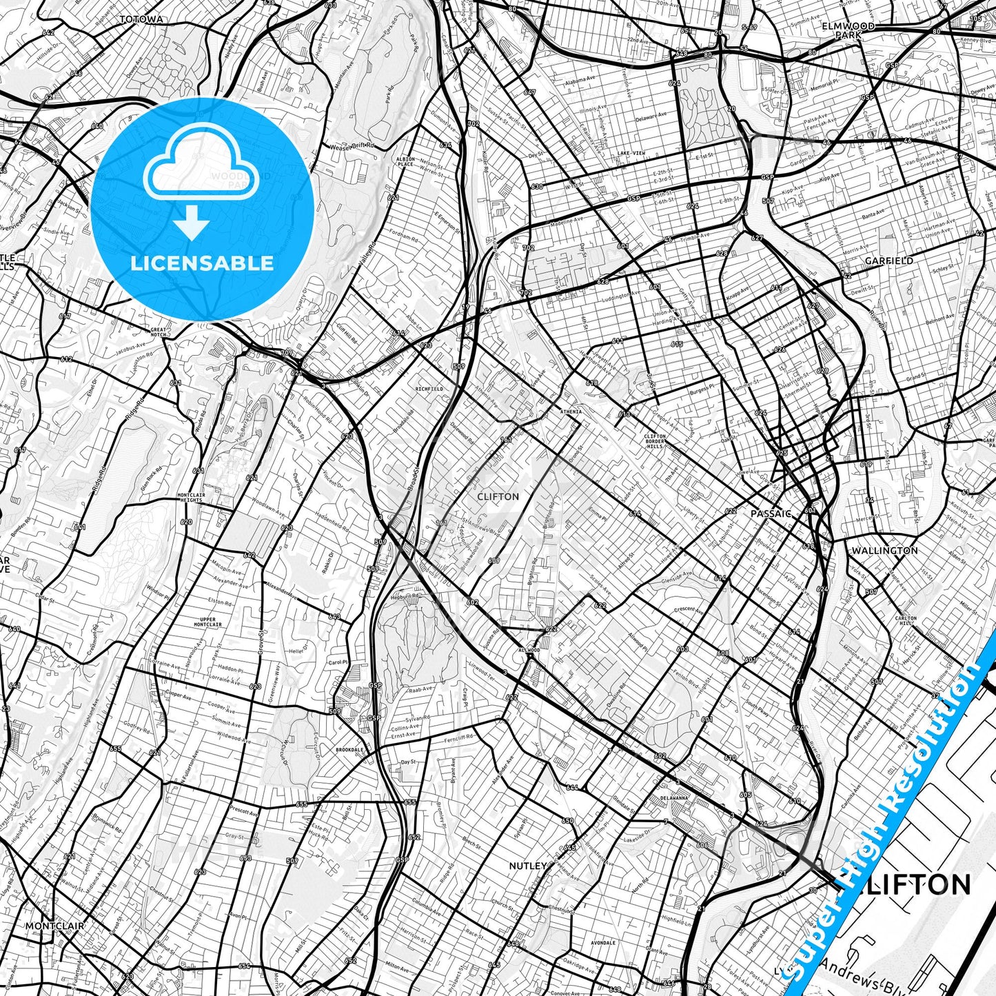 Clifton, New Jersey Light Map with Street Names, City Names, and Districts