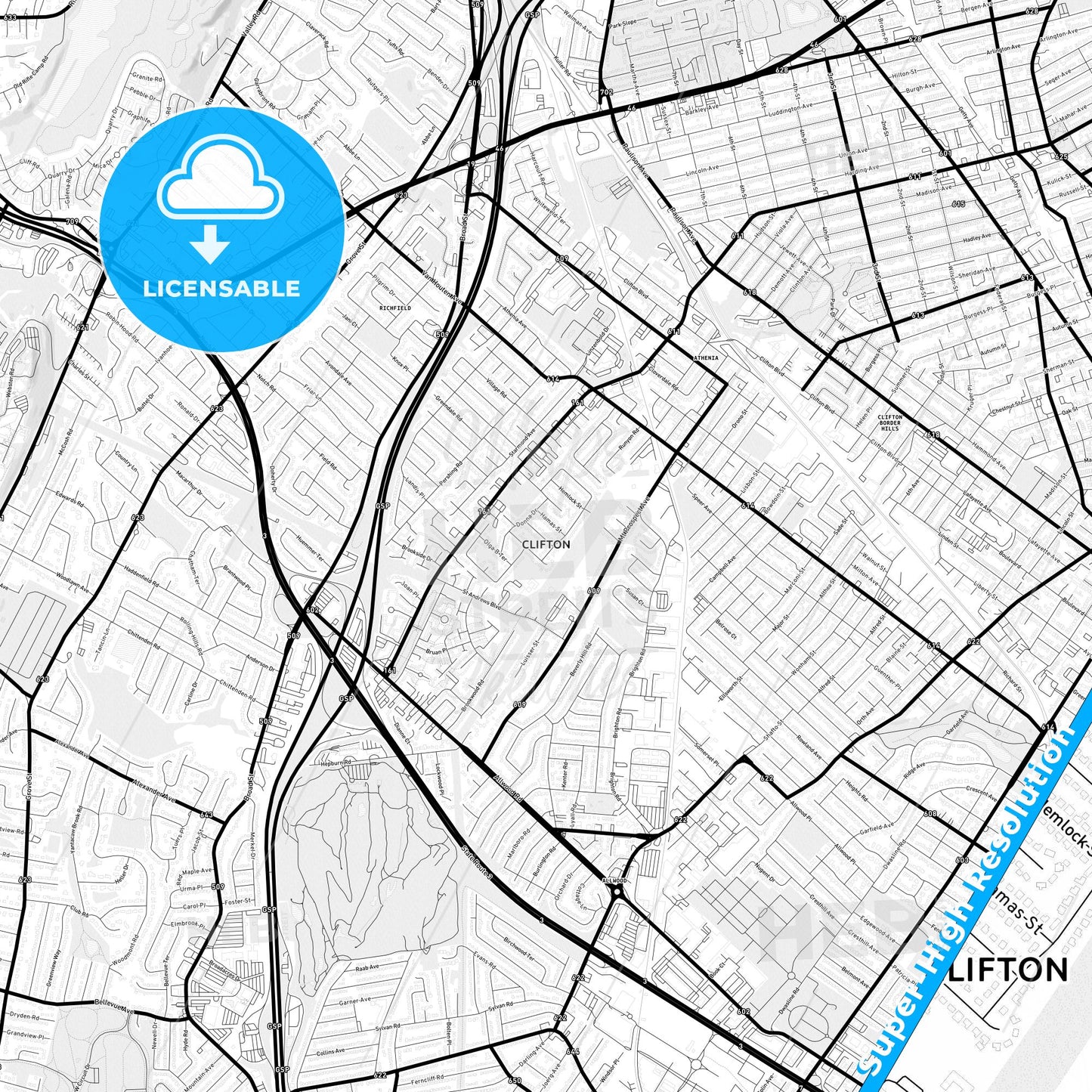 Clifton, New Jersey Light Map with Street Names, City Names, and Districts