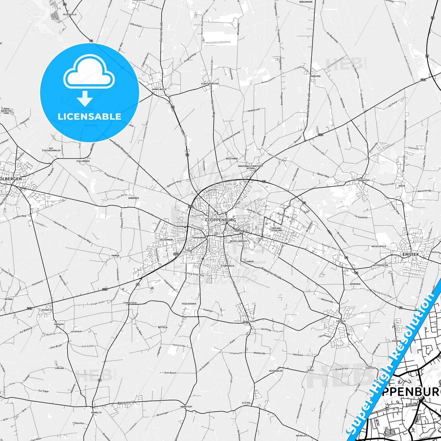 Cloppenburg, Germany light map with streetnames, citynames and districts