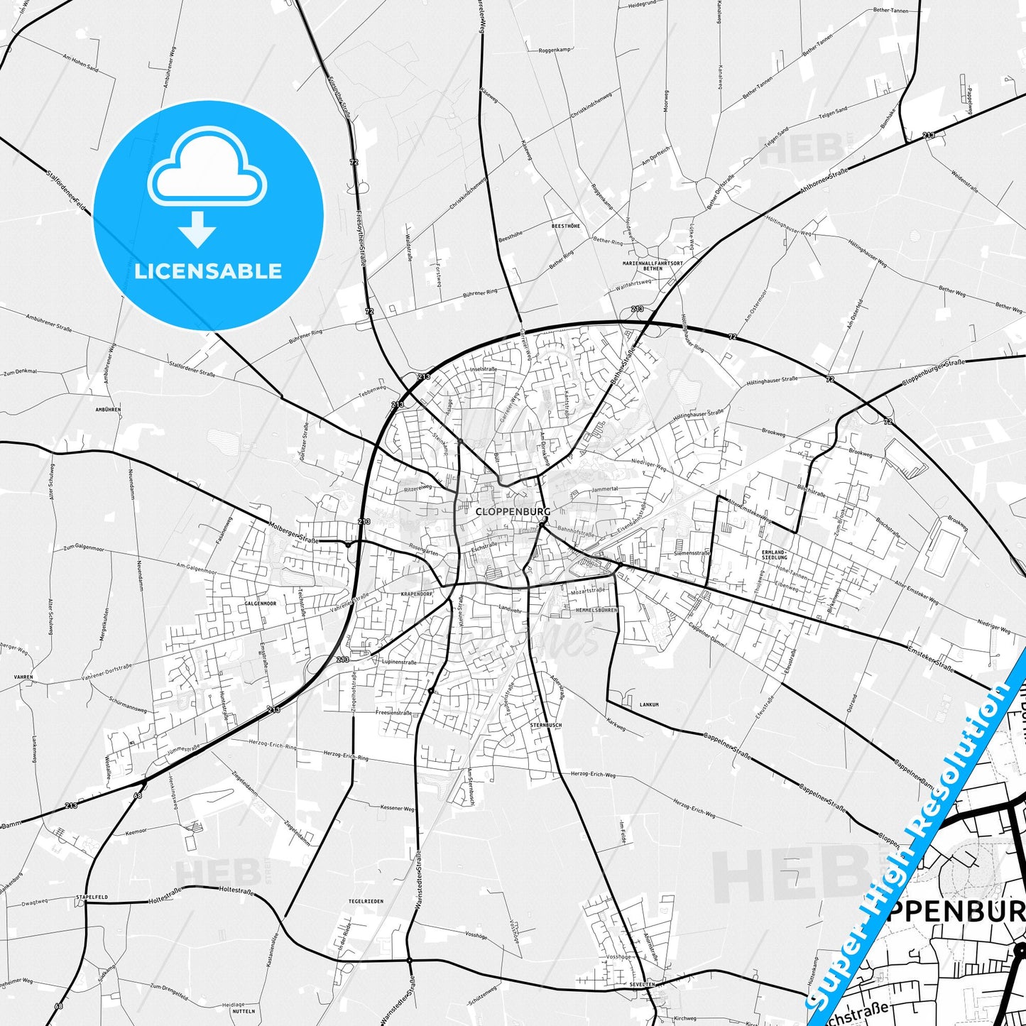 Cloppenburg, Germany Light Map with Street Names, City Names, and Districts