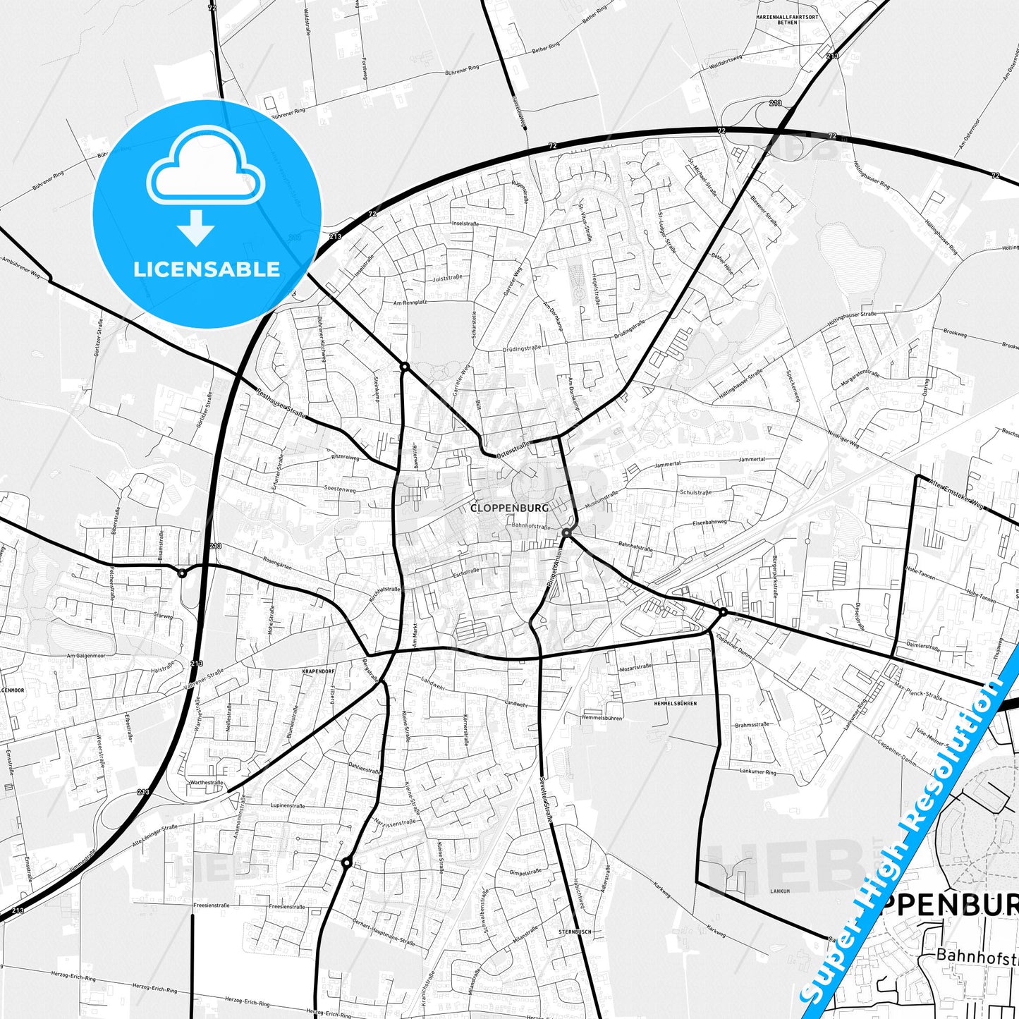 Cloppenburg, Germany Light Map with Street Names, City Names, and Districts