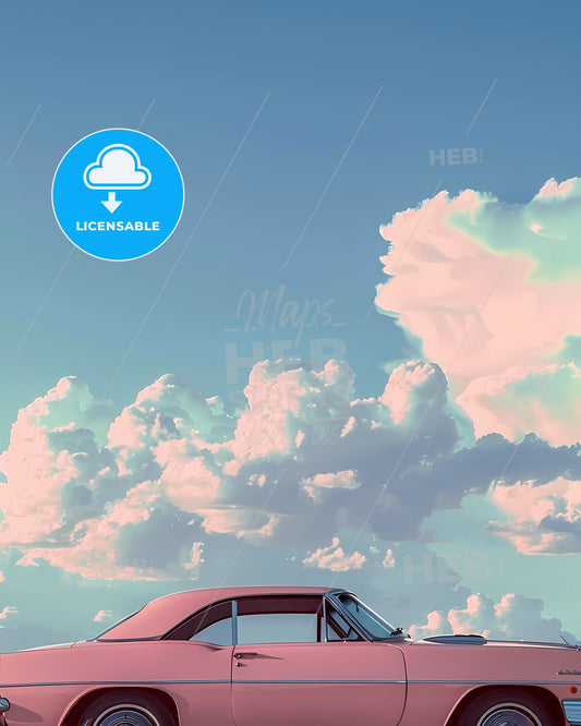 Vibrant Digital Painting: Pink Vintage Car in Blue Sky Cloudscape, 4K Resolution