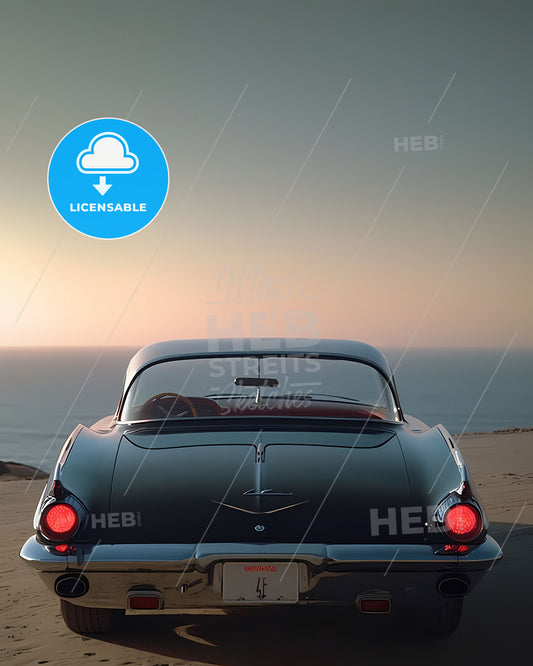 Vibrant Black Classic Automobile Painting on Blue Gradient Sky with Beachfront Focus