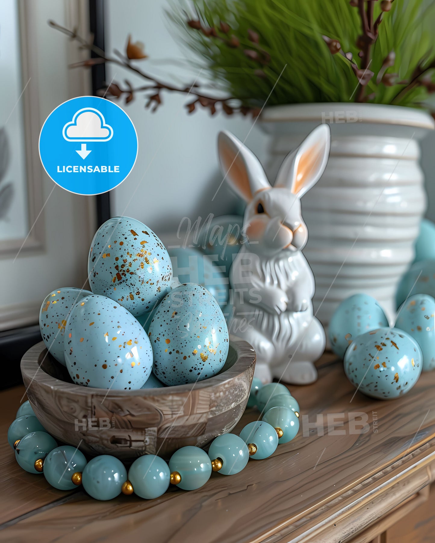 Charming Pastel Easter Decor with Pastel Bangle, Blue Eggs, and Bunny Figurines on Artistic Background