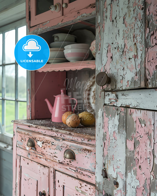 Closeup shabby chic wooden kitchen cabinets pink peeling paint neutral tones vibrant painting kitchen decor