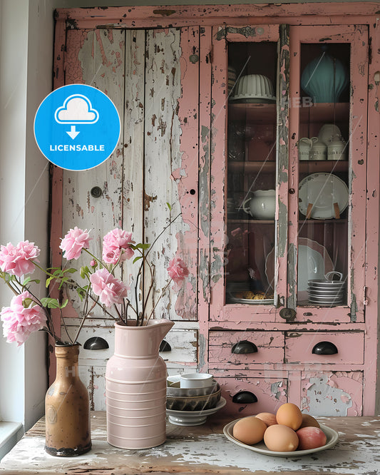 Shabby Chic Painted Pink Kitchen Cabinets with Light Brown Peeling Paint, Neutral Tones, Vibrant Painting, Pink Vase, Flowers, Eggs, Realistic Photography