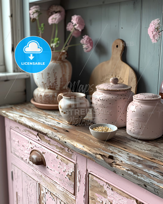 Shabby Chic Pink Kitchen Cupboards Brown Peeling Paint Neutral Tones Counter Vases Bowls Painting Art