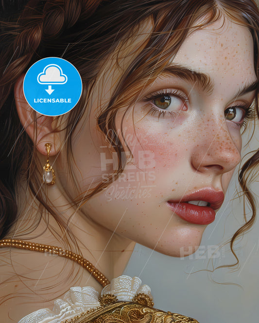 Baroque portrait oil painting woman freckles pearl necklace power gem art vibrant