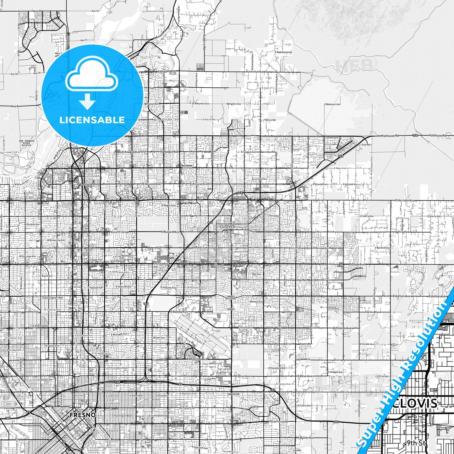Clovis, California light map with streetnames, citynames and districts