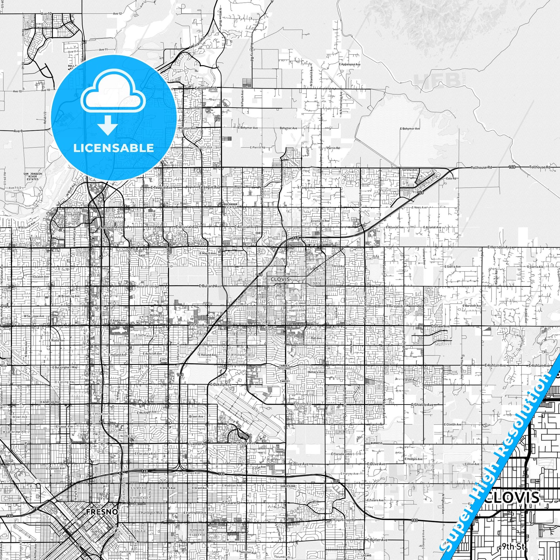 Clovis, California light map with streetnames, citynames and districts