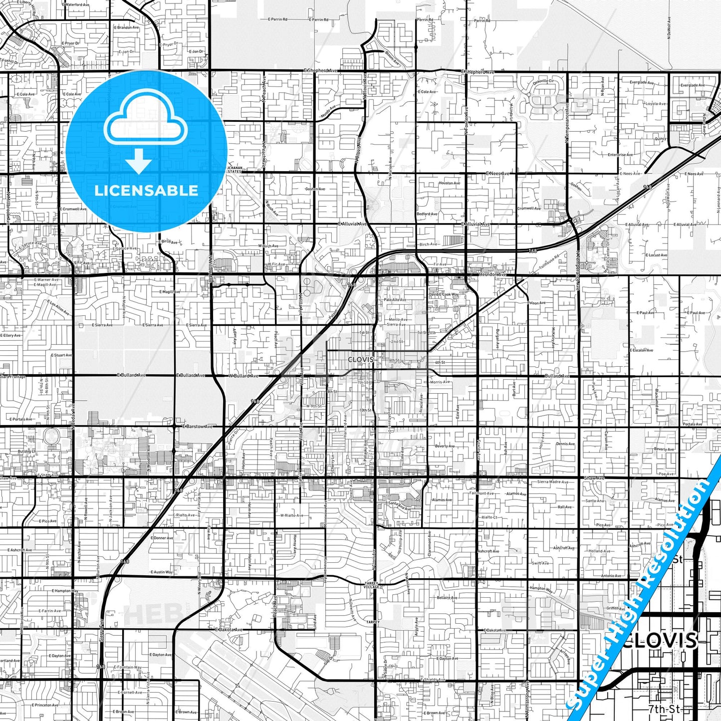 Clovis, California Light Map with Street Names, City Names, and Districts