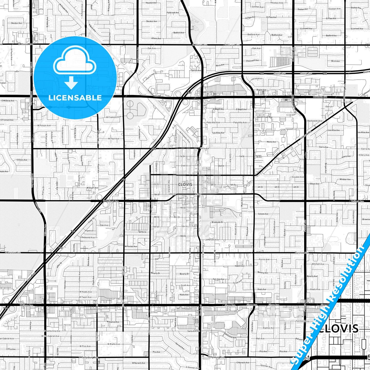 Clovis, California Light Map with Street Names, City Names, and Districts