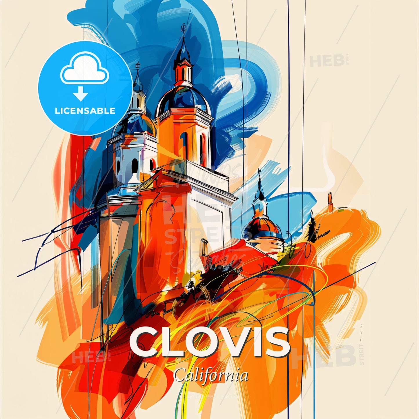 Vibrant Clovis, California - A Painting Of A Building With A Colorful Background - Square format print template