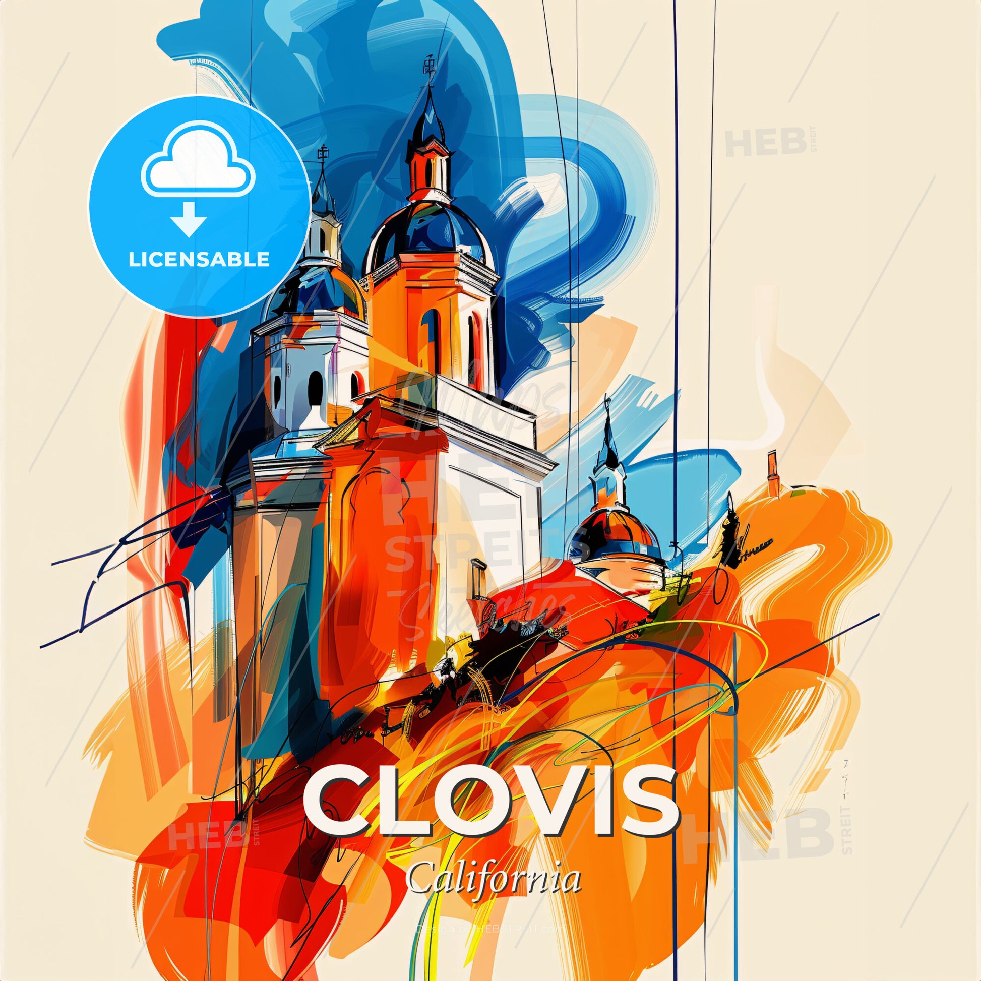 Vibrant Clovis, California - A Painting Of A Building With A Colorful Background - Square format print template