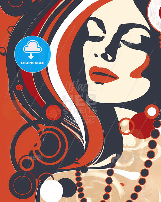 Jazzy, Indonesian-inspired illustration of a vibrant, fashionable woman with bold character design and optical flair