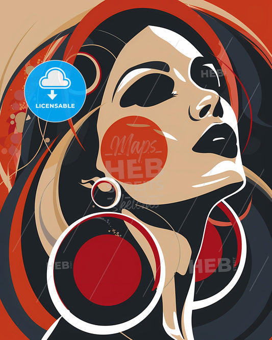 Vibrant, optical art deco illustration of a woman with red, white, blue circles, indonesian-inspired, jazzy flair, bold character design