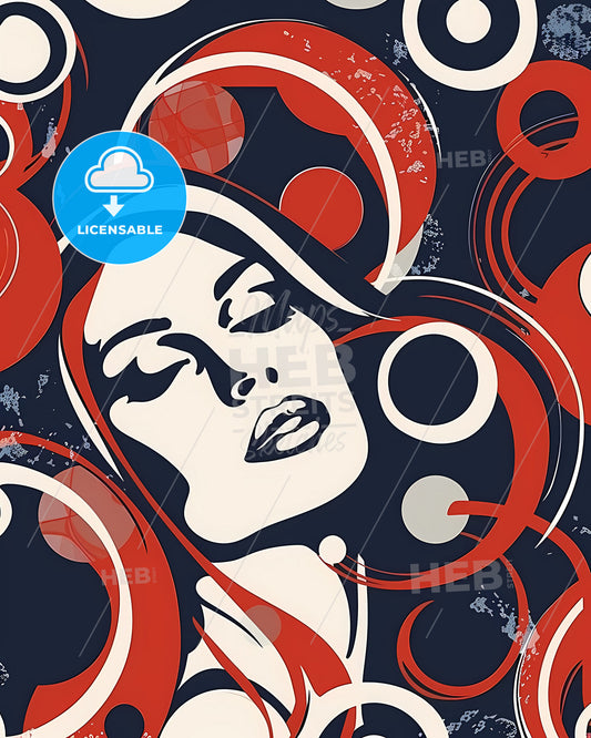 Vibrant Indonesian Art: Bold & Jazzy Flair of Dark Orange Woman with Red, White, and Blue Circles – Art Deco-inspired Stock Image!