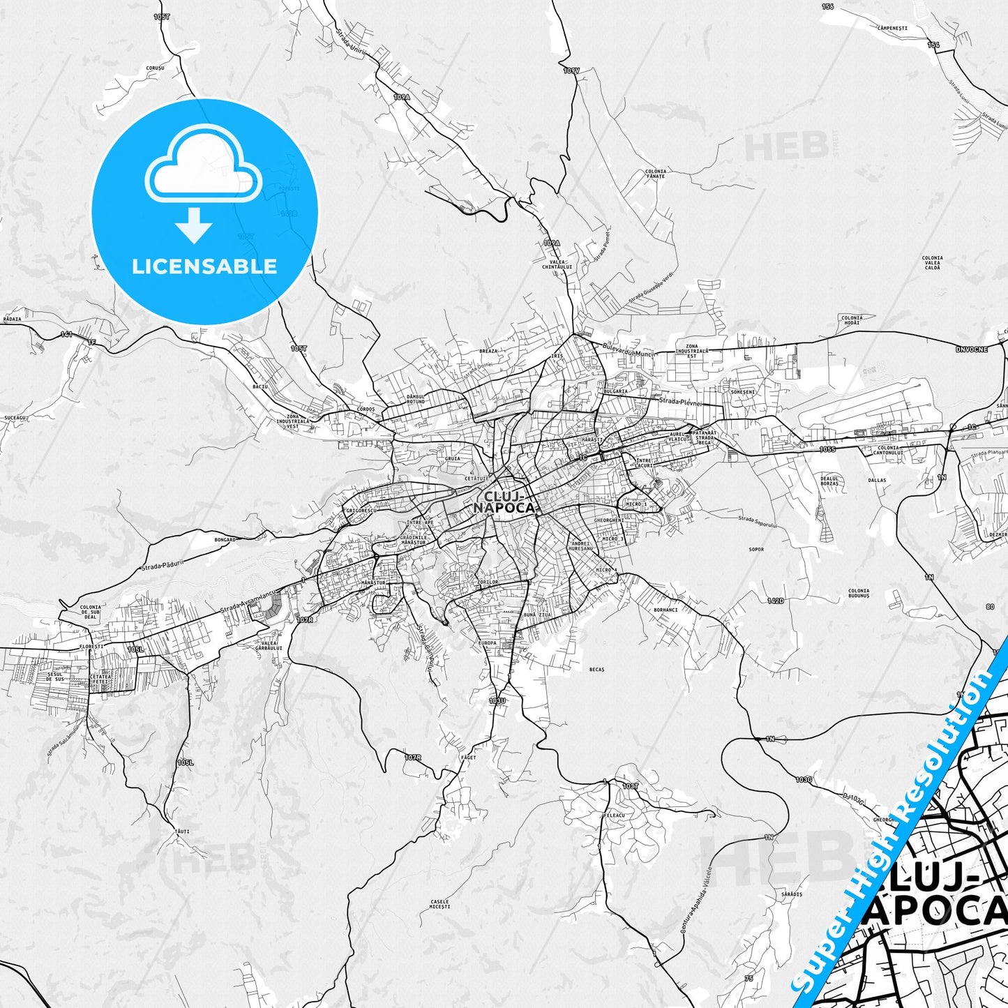 Cluj-Napoca, Romania light map with streetnames, citynames and districts