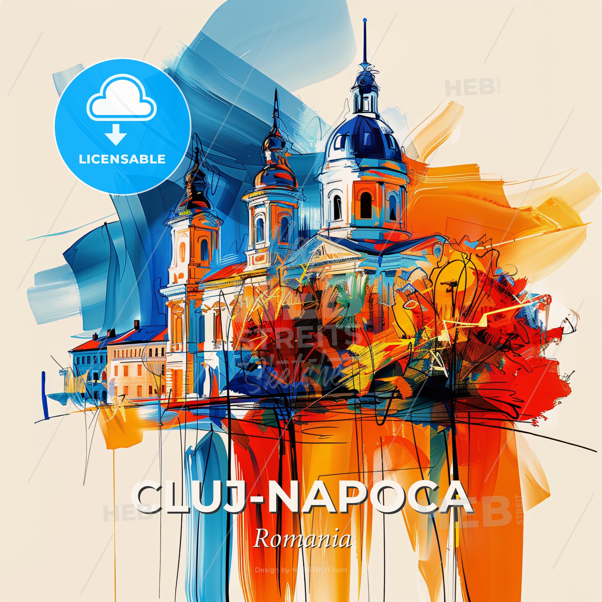 Vibrant Cluj-Napoca, Romania - A Painting Of A Building With A Colorful Background - Square format print template