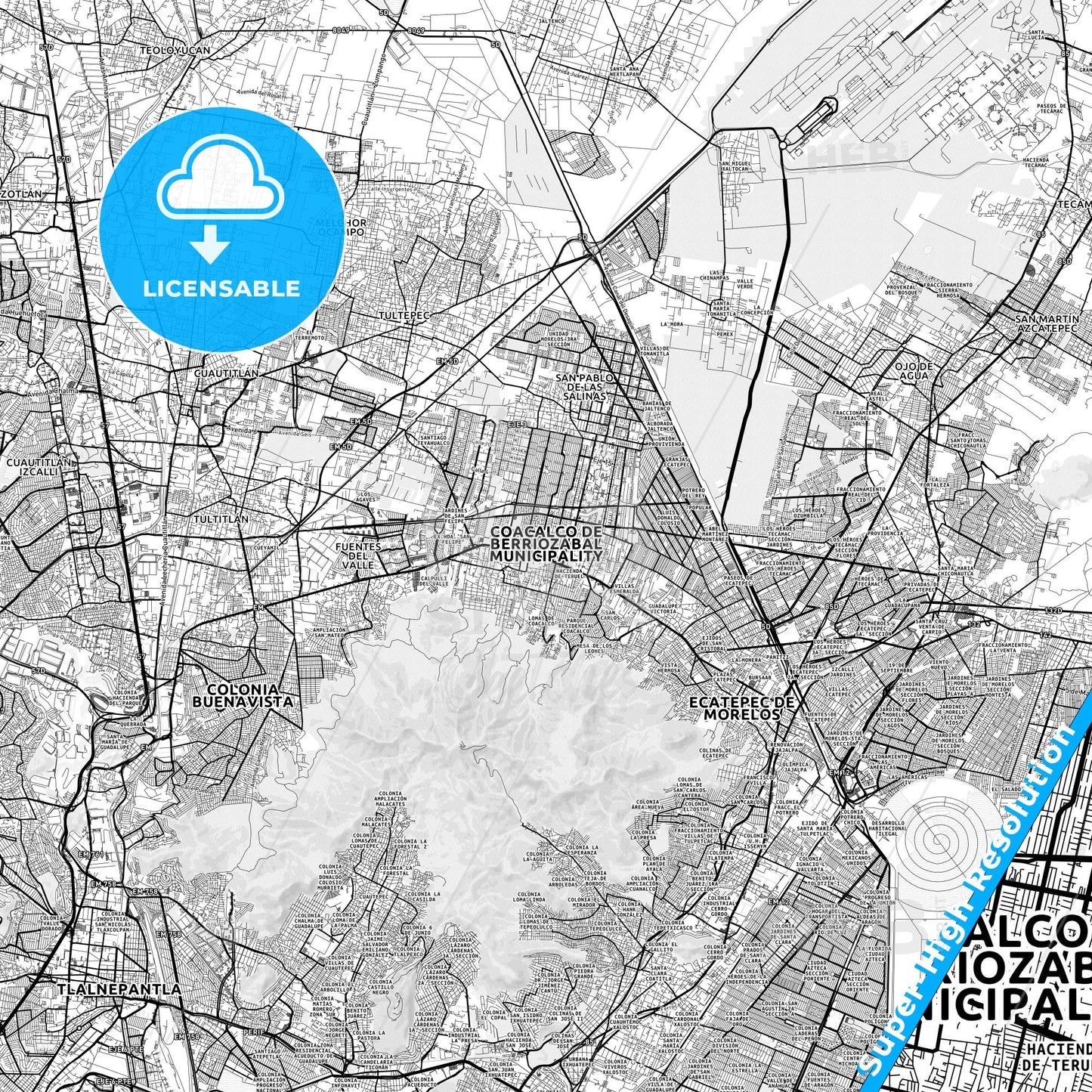 Coacalco de Berriozábal, Mexico light map with streetnames, citynames and districts