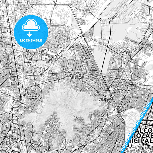 Coacalco de Berriozábal, Mexico light map with streetnames, citynames and districts