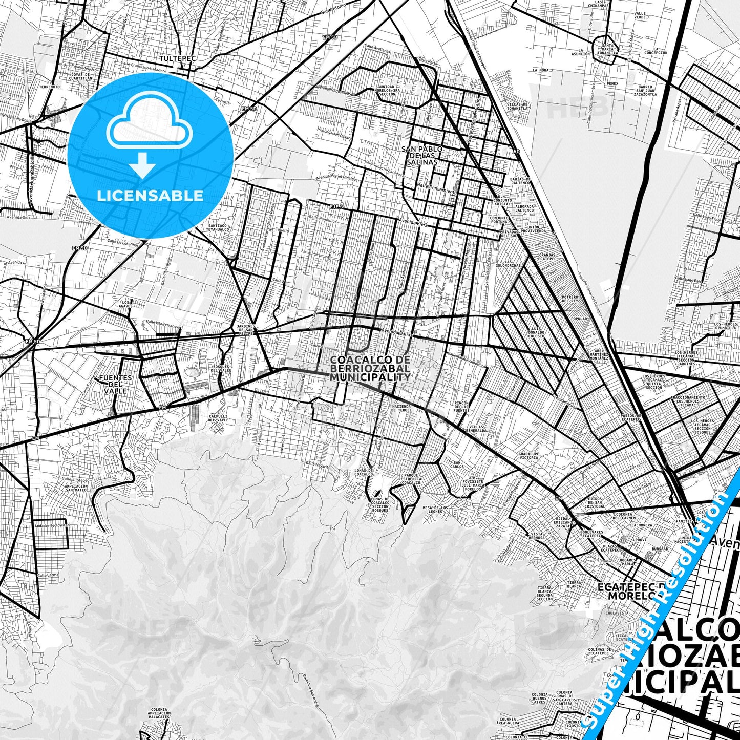 Coacalco de Berriozábal, Mexico Light Map with Street Names, City Names, and Districts