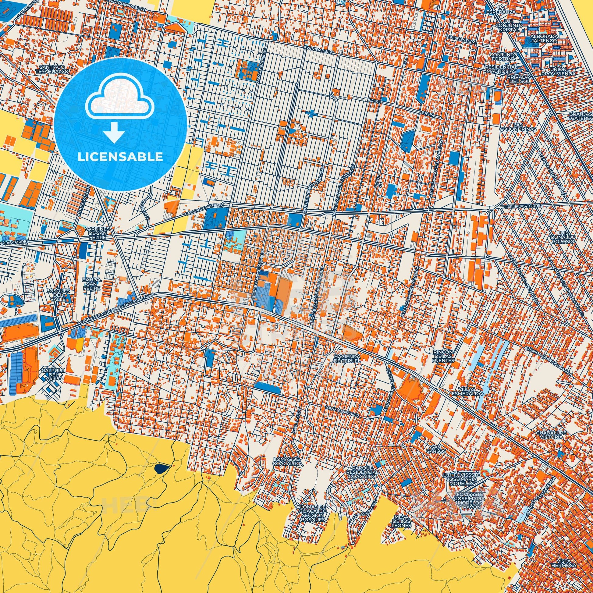 Colorful Coacalco de Berriozábal Street Map with Labels and Buildings