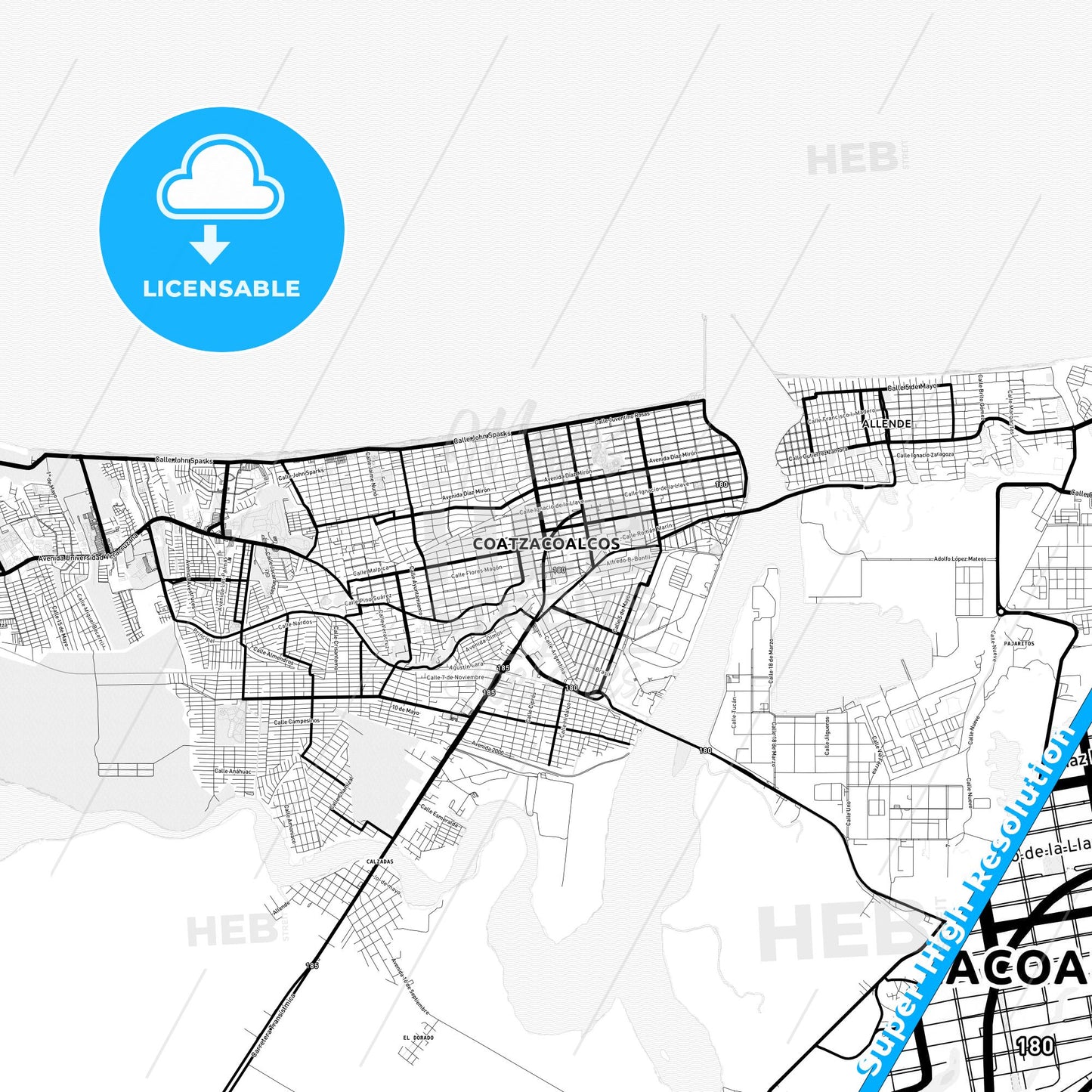 Coatzacoalcos, Mexico Light Map with Street Names, City Names, and Districts