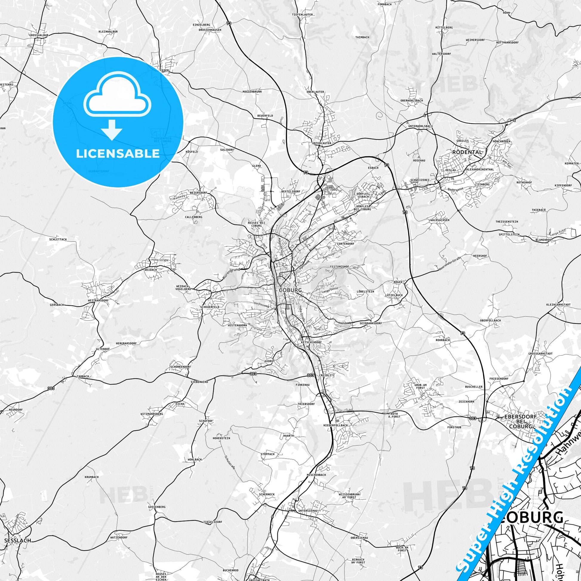 Coburg, Germany light map with streetnames, citynames and districts