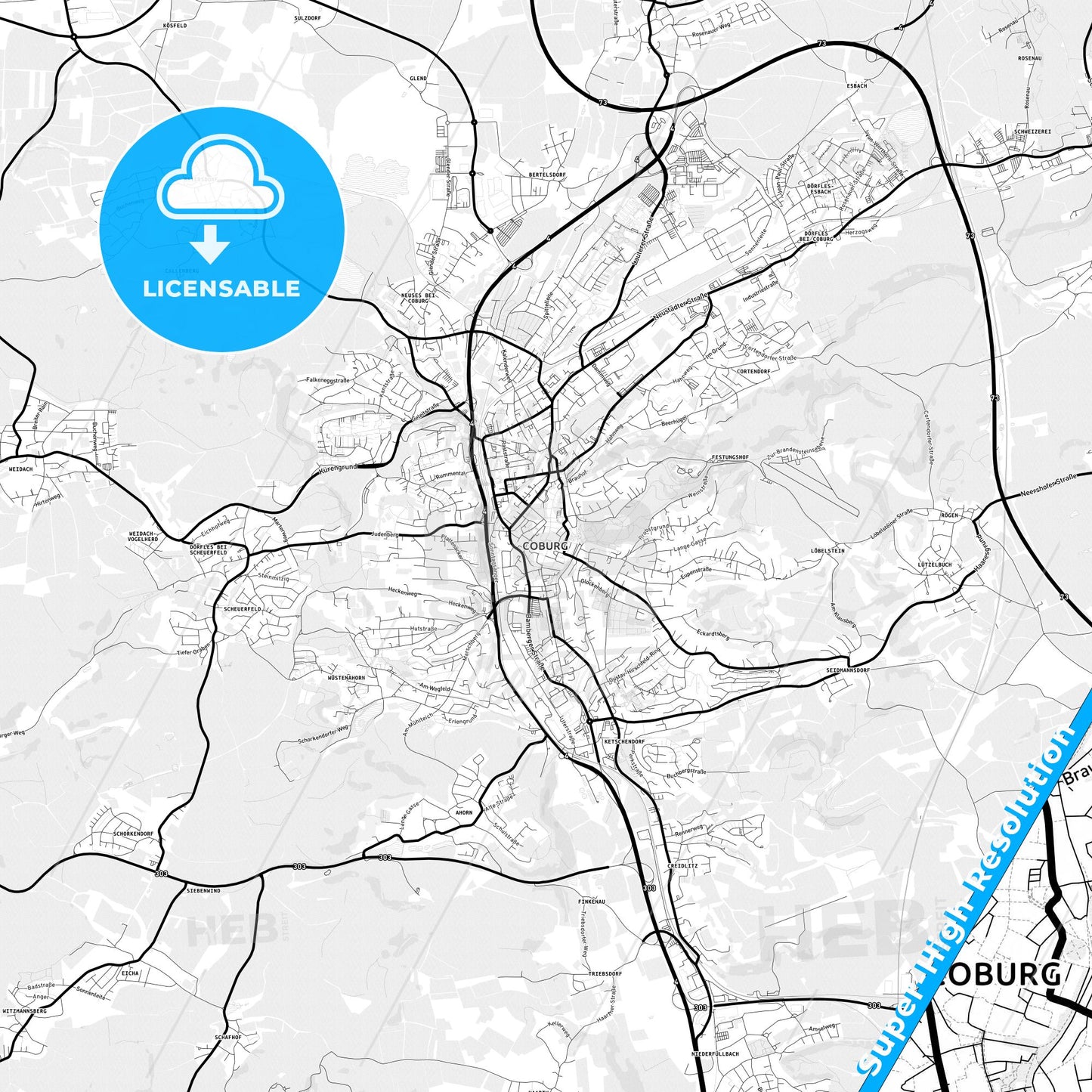 Coburg, Germany Light Map with Street Names, City Names, and Districts